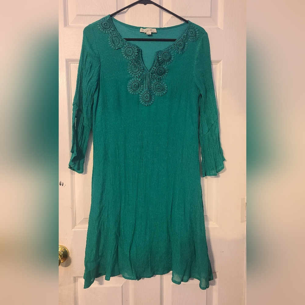 Indigo Rose Women's Green Lined Dress 3/4 Sleeve Embroidered Sz PM